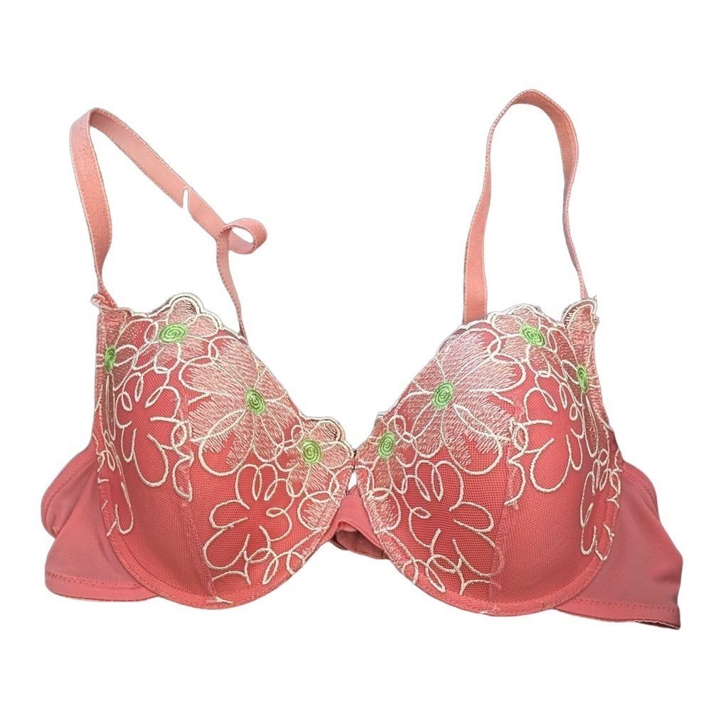 QT VNTG lace floral embroidered peach colored padded bra 36C pinup/rockabilly